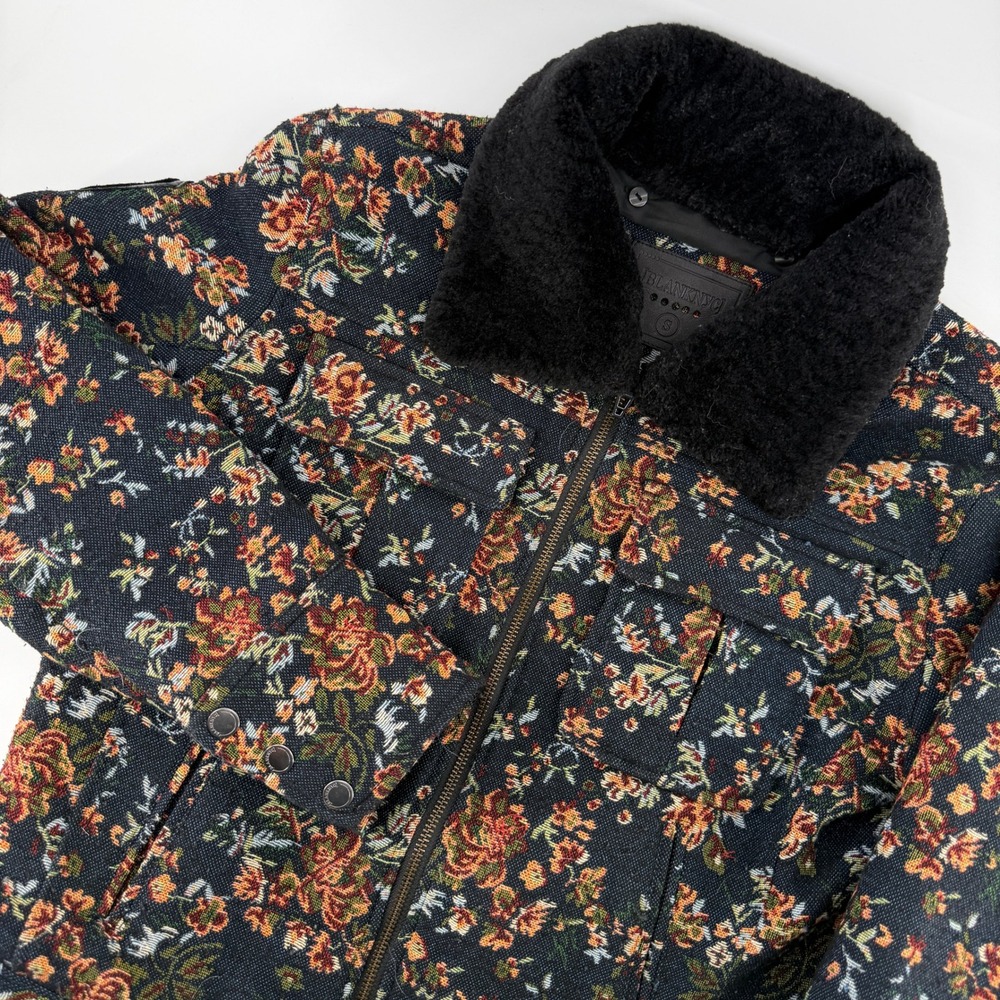 BLANKNYC Floral Tapestry Flight Jacket Womens Small Blue Faux Fur Collar Patches